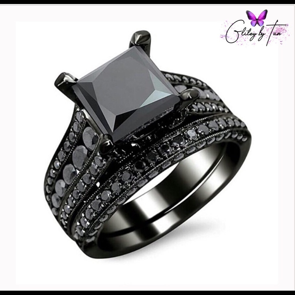 Black Sapphire Engagement Ring Set